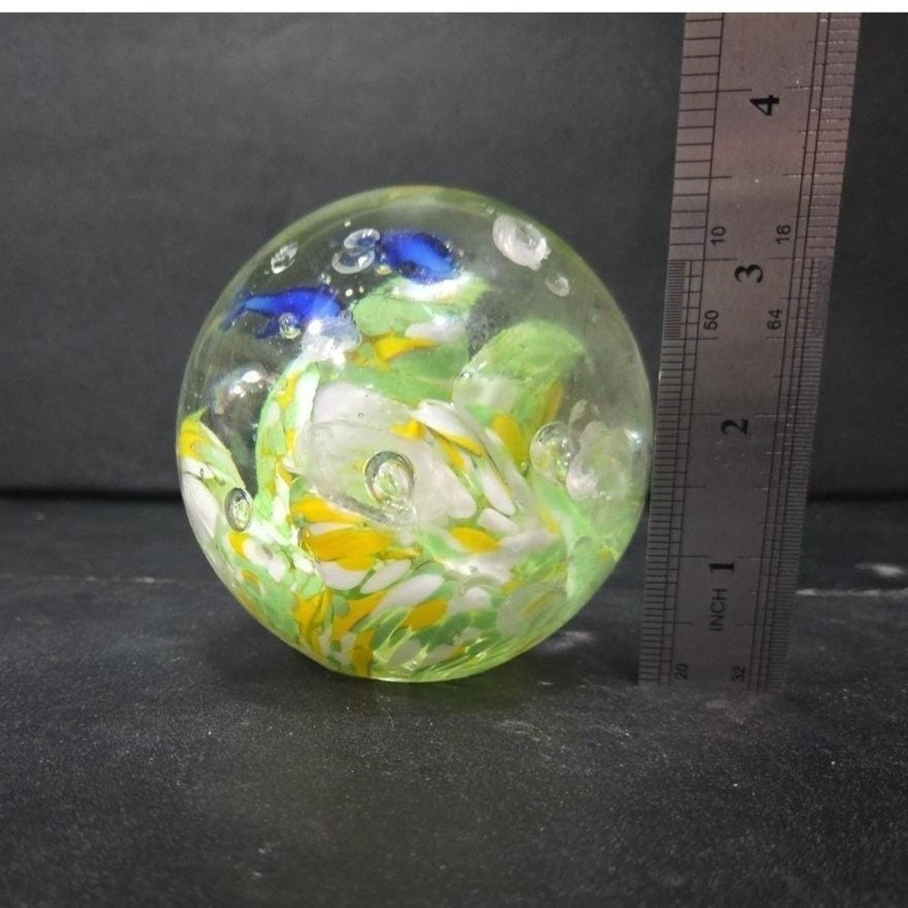Dolphin with Green Yellow Waves Round Paperweight, Controlled Bubbles Sculpture - Picture 10 of 11